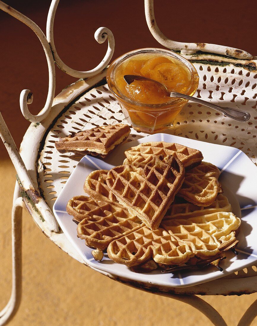 Waffles with apricot jam