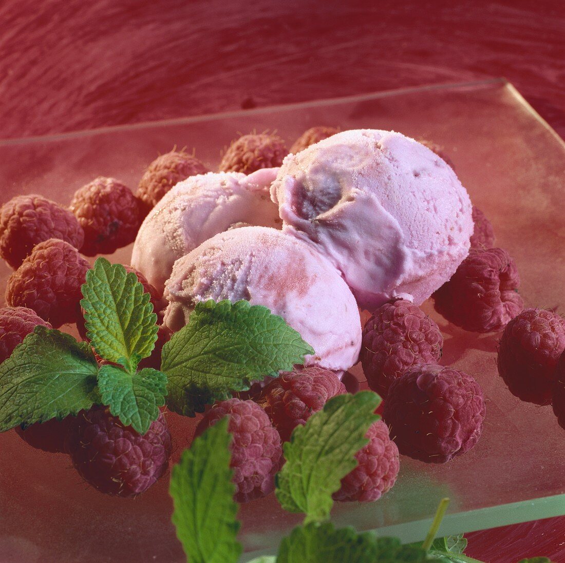 Raspberry ricotta ice cream with fresh mint