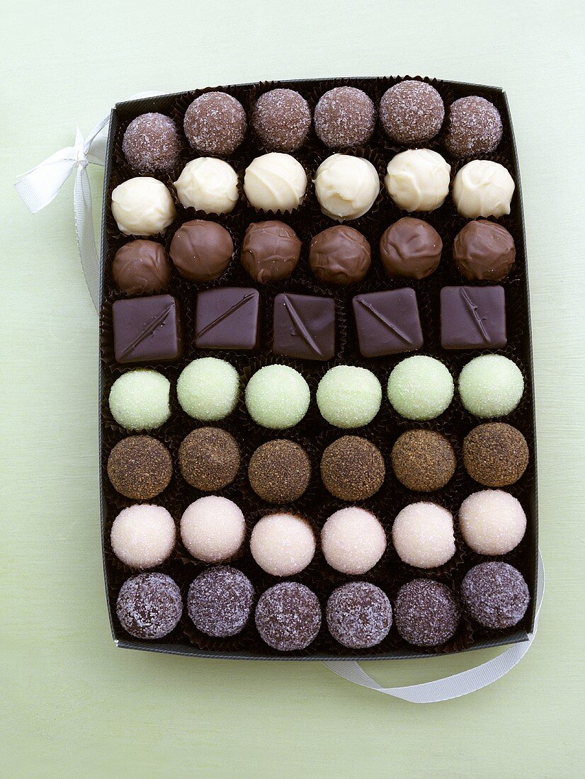 Assorted chocolates in a box (overhead view)
