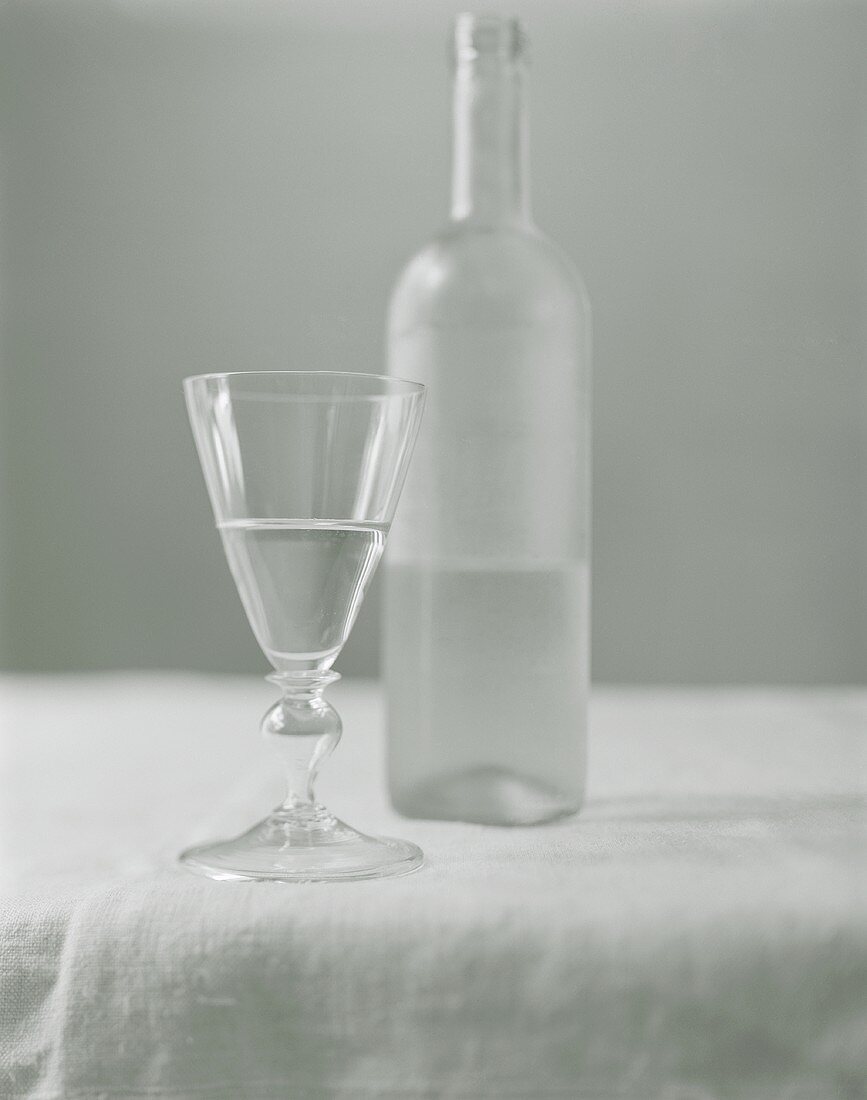 Glass of white wine in front of plain white wine bottle