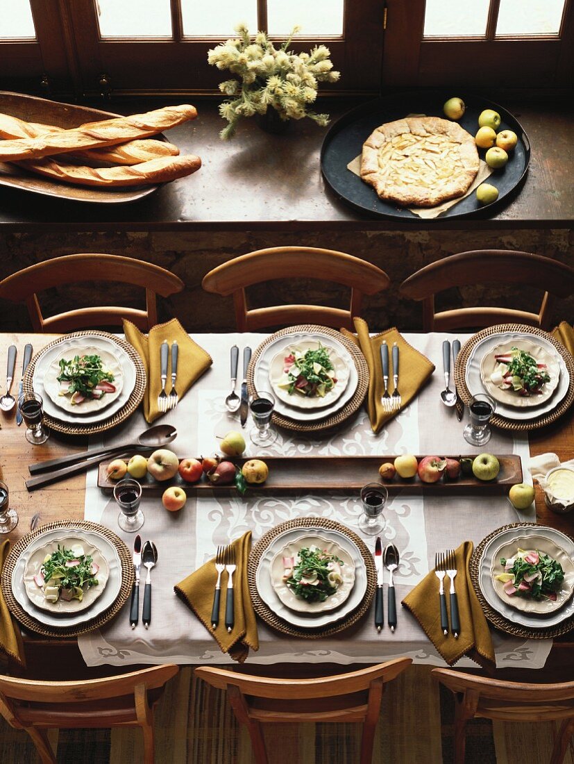 Laid table with salad, fruit and red wine (France)