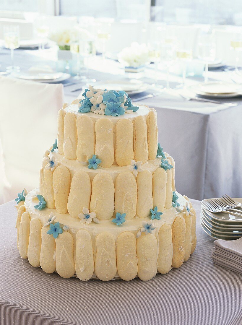 Three-tiered wedding cake with sponge fingers