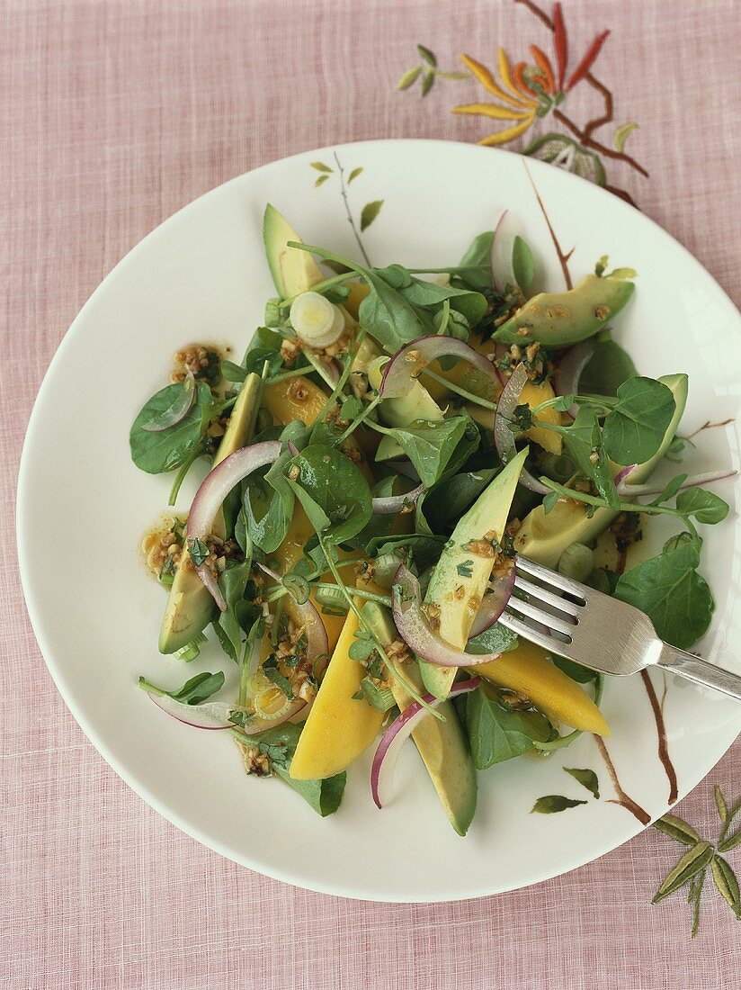 Blattsalat mit Avocado, Mango und Zwiebeln