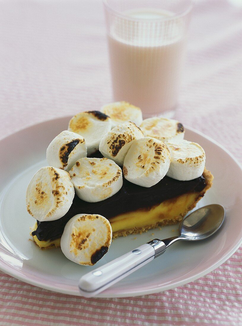 Piece of chocolate tart with marshmallows