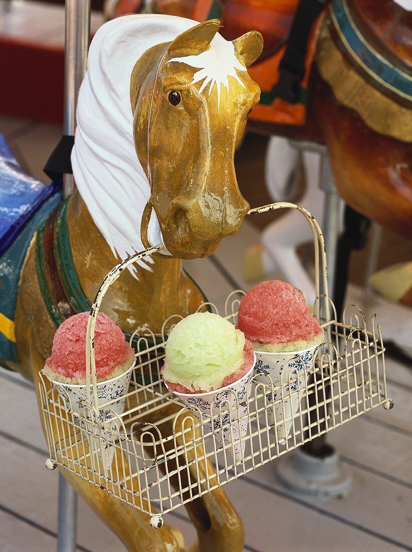 Model horse holding basket containing three ice cream cones