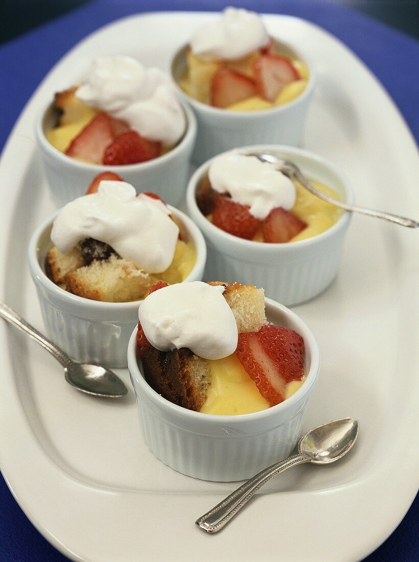 Vanillecreme mit Kuchen, Sahne und Erdbeeren