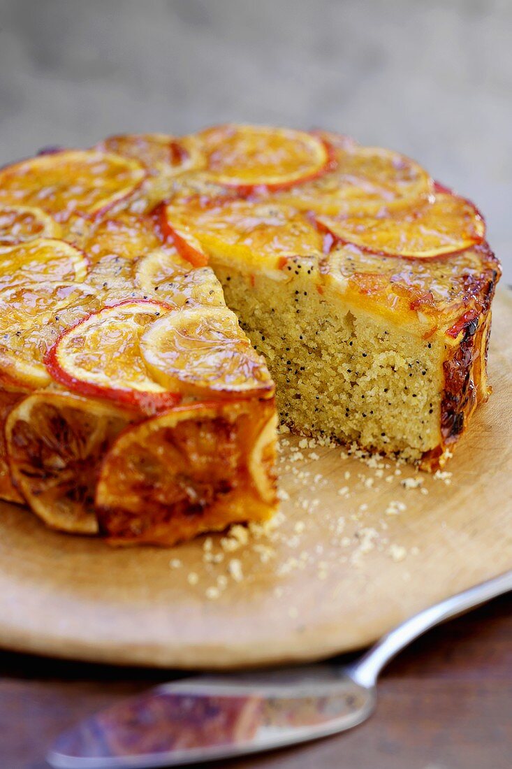 Orange poppy seed cake, a piece taken