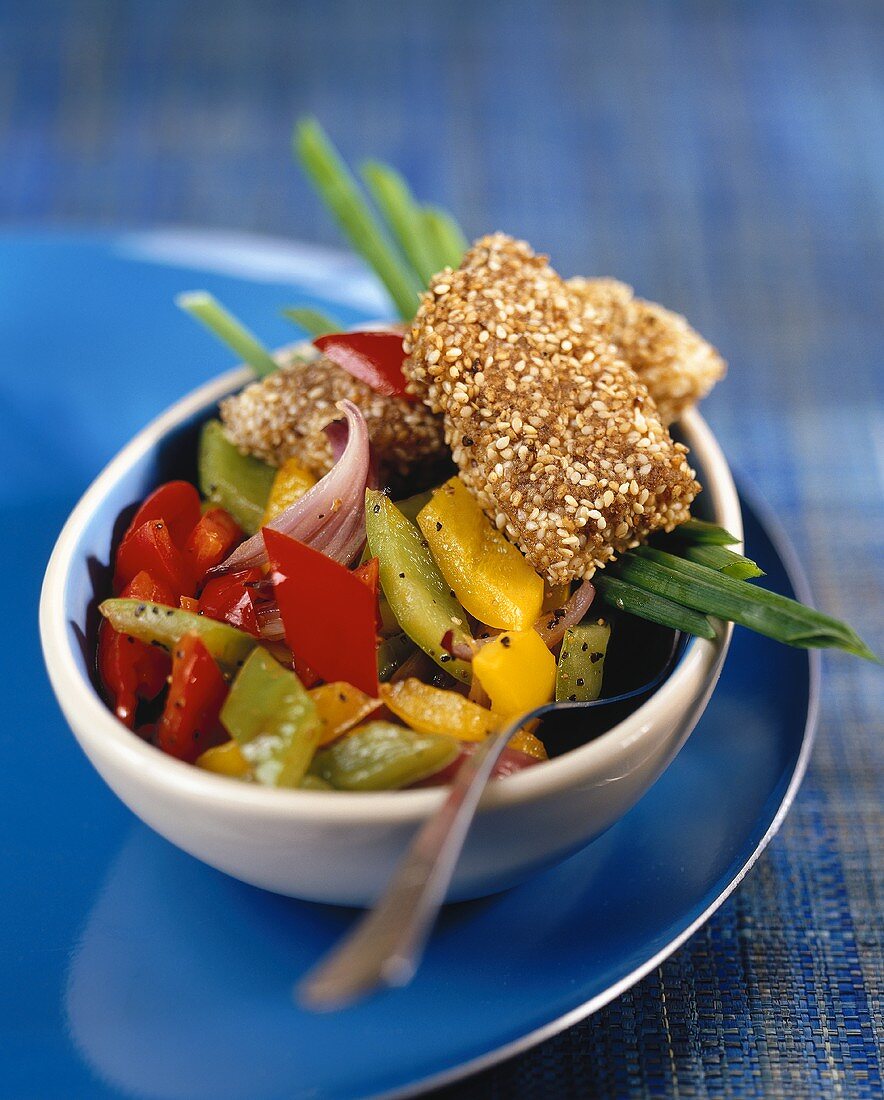 Zander fillet in sesame crust with peppers
