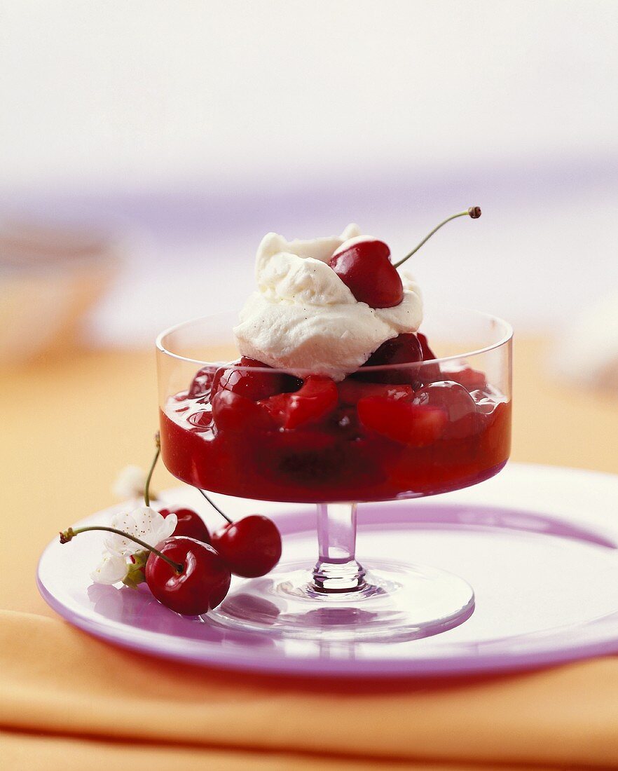 Cold cherry and strawberry soup with cream