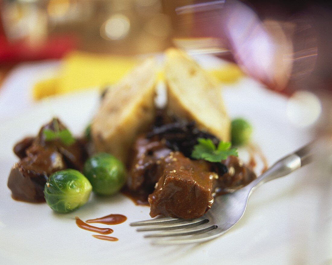Venison ragout with Brussels sprouts and napkin dumpling