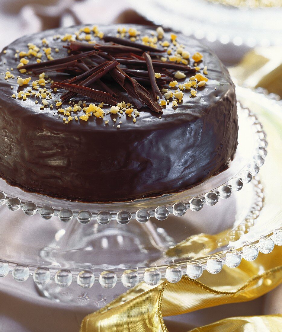 Festive chocolate cake on cake stand