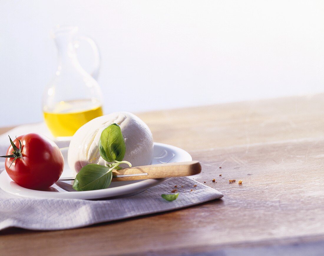 Zutaten für Caprese: Mozzarella, Basilikum, Tomate & Olivenöl