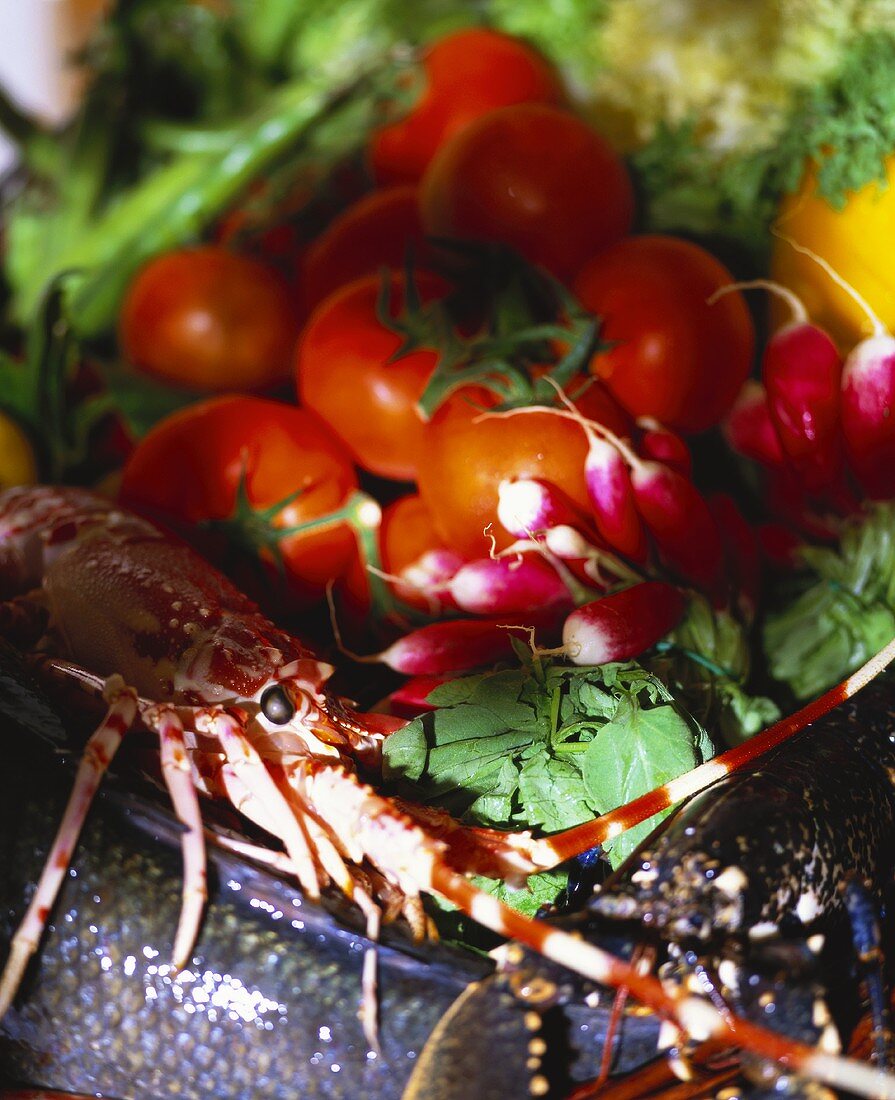 Still life with tomatoes, radishes and shellfish