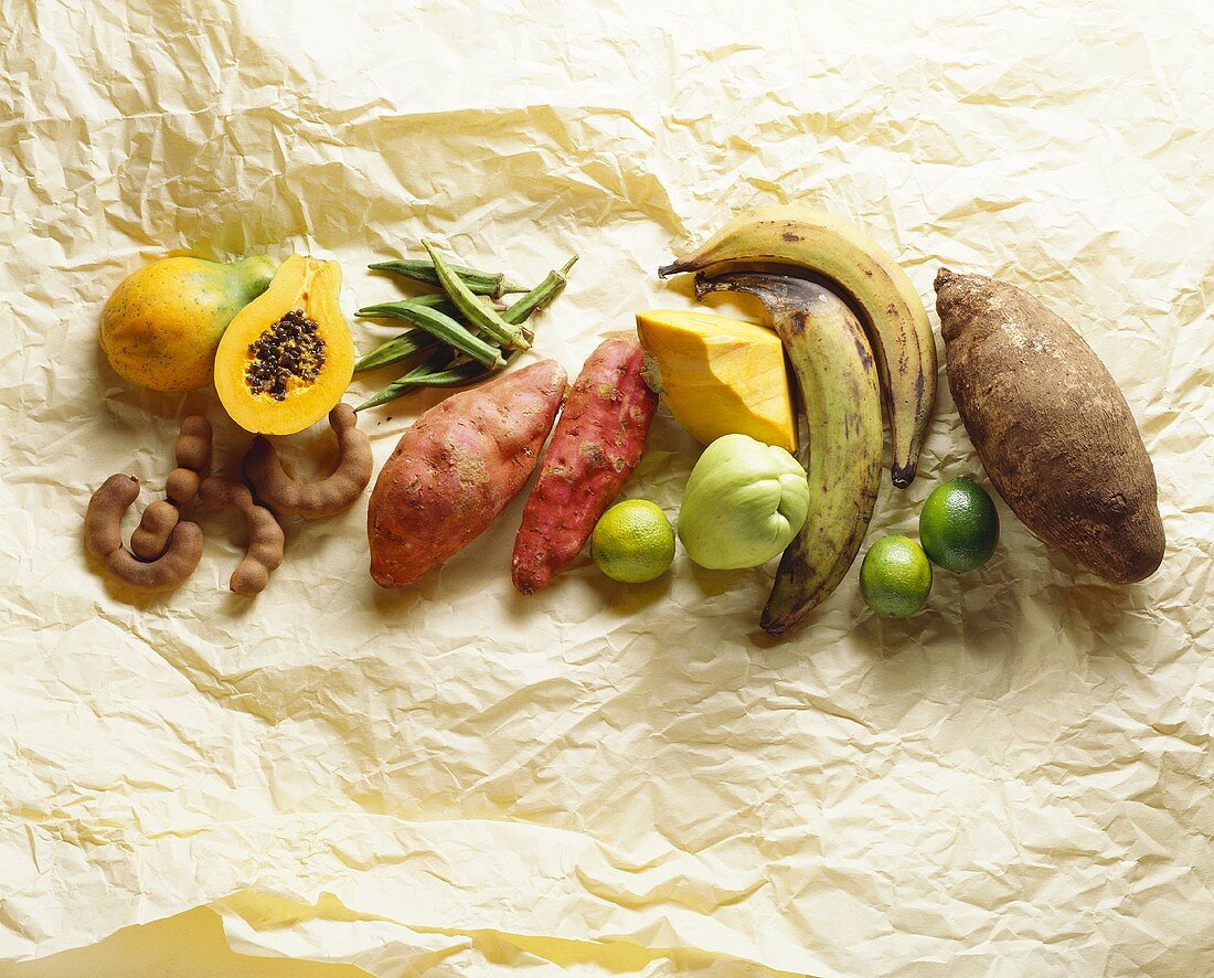 Still life with exotic fruit and vegetables