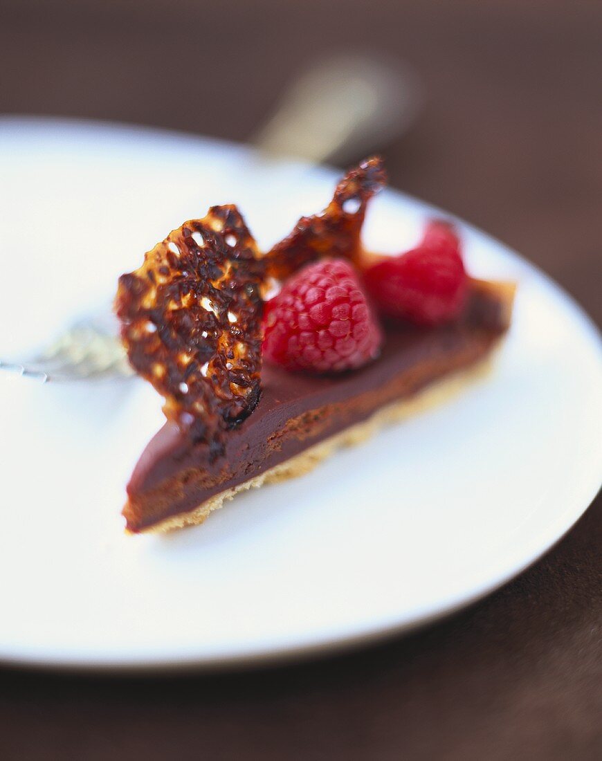 A piece of chocolate cake with raspberries and caramel