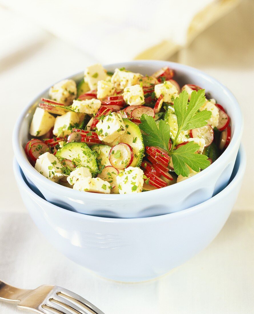Courgette and radish salad with sheep's cheese