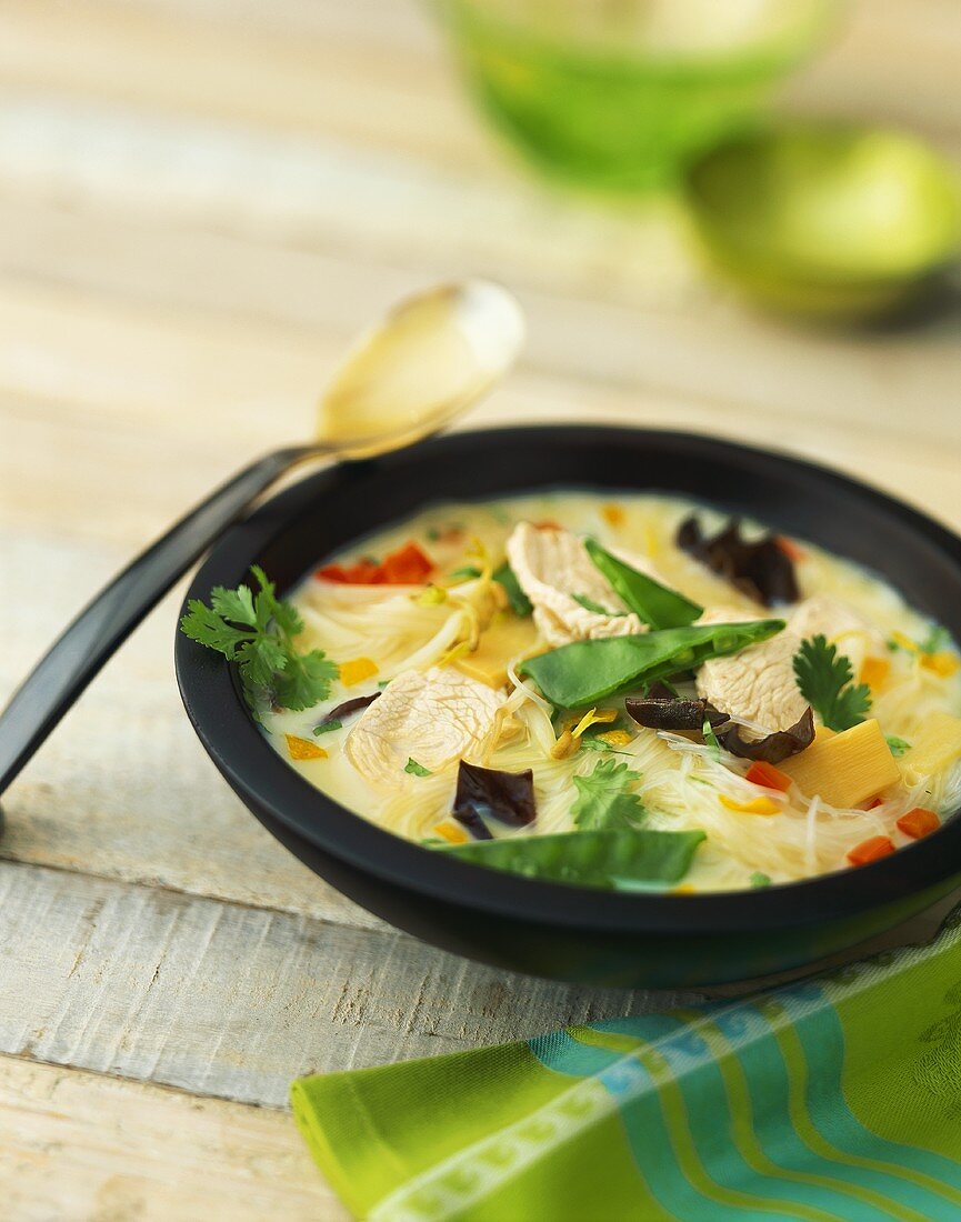 Asiatische Hühnersuppe mit Glasnudeln und Gemüse