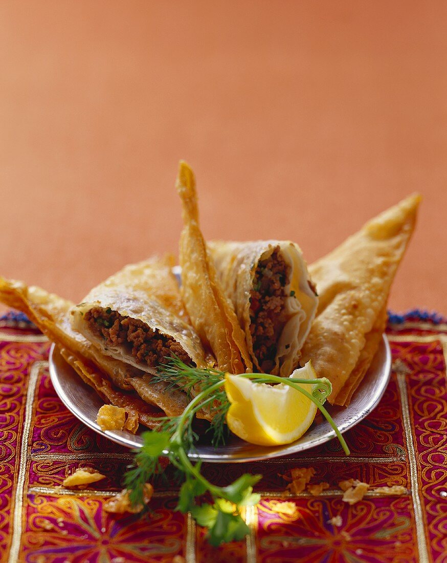 Filo pastry parcels with mince filling