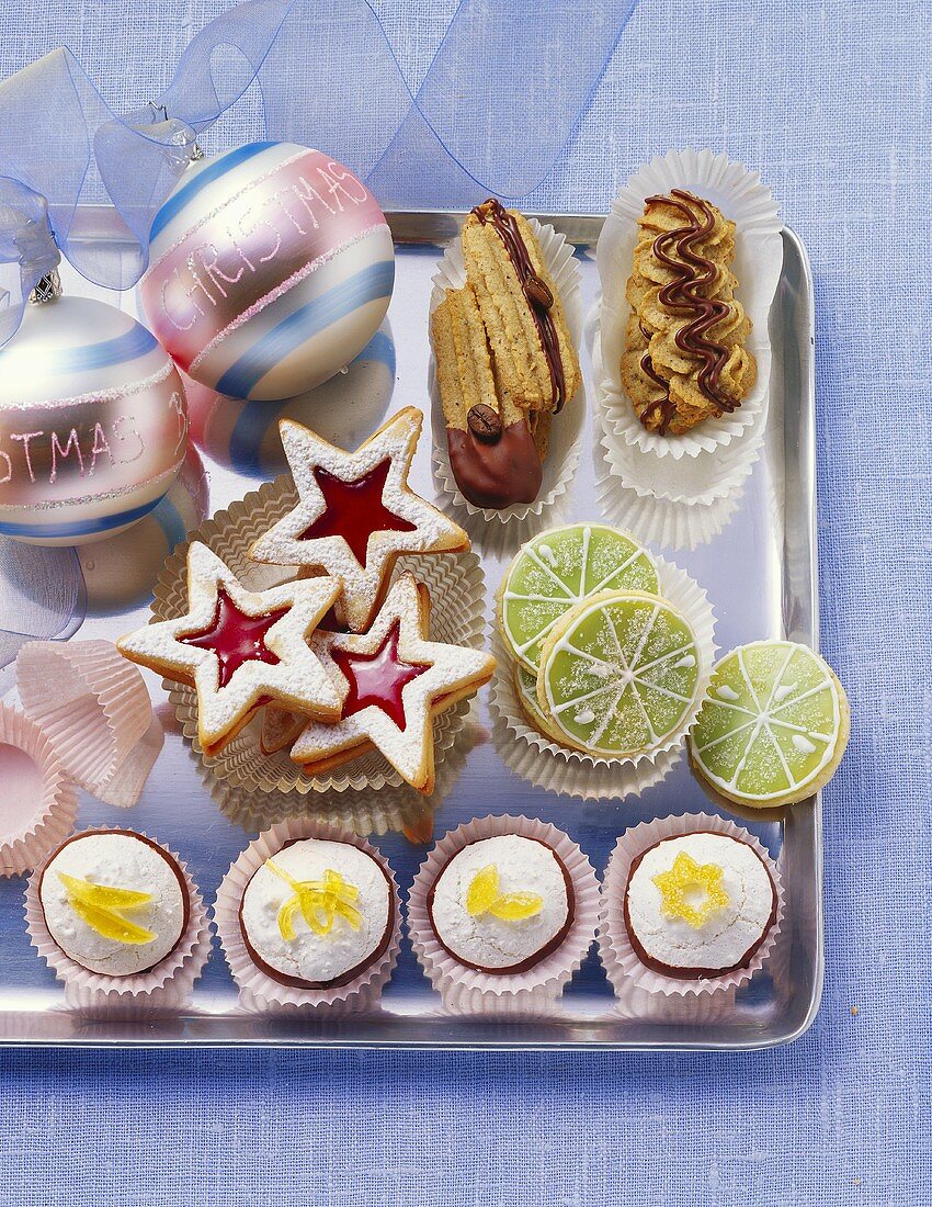 Assorted biscuits and Christmas baubles