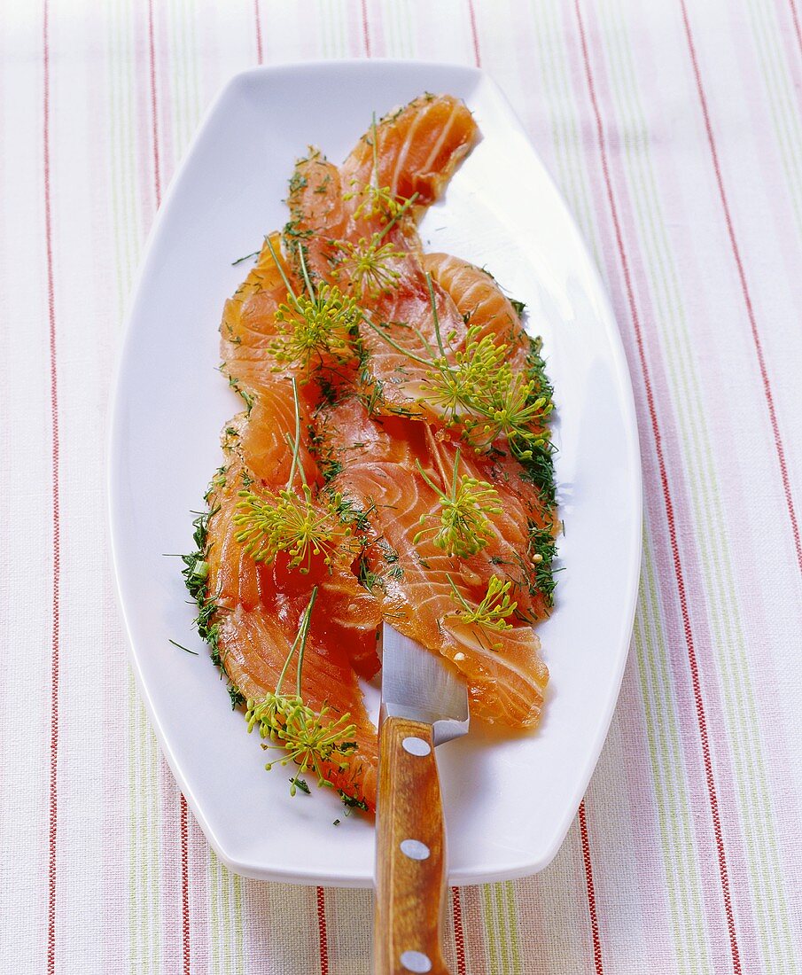 Marinated salmon slices with dill