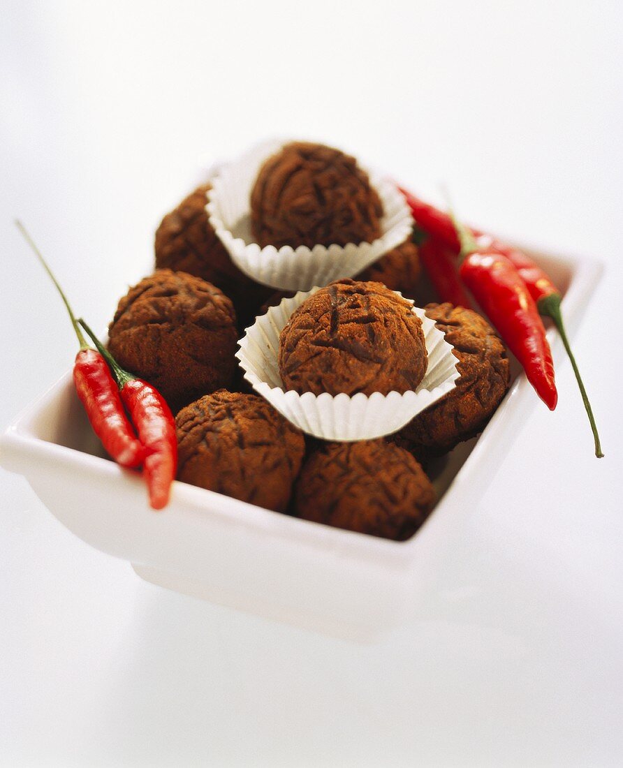 Chocolate truffles with chili peppers