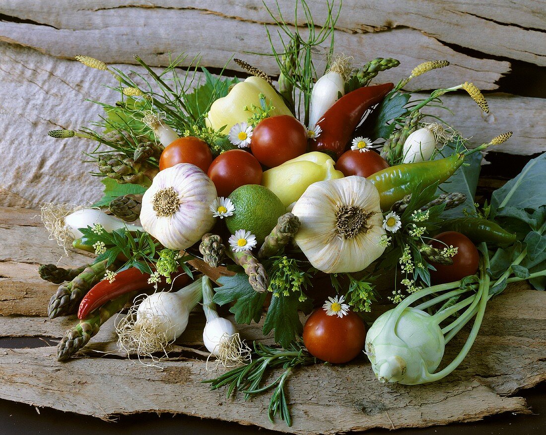 Vegetable bouquet with garlic, tomatoes, peppers, onions etc.