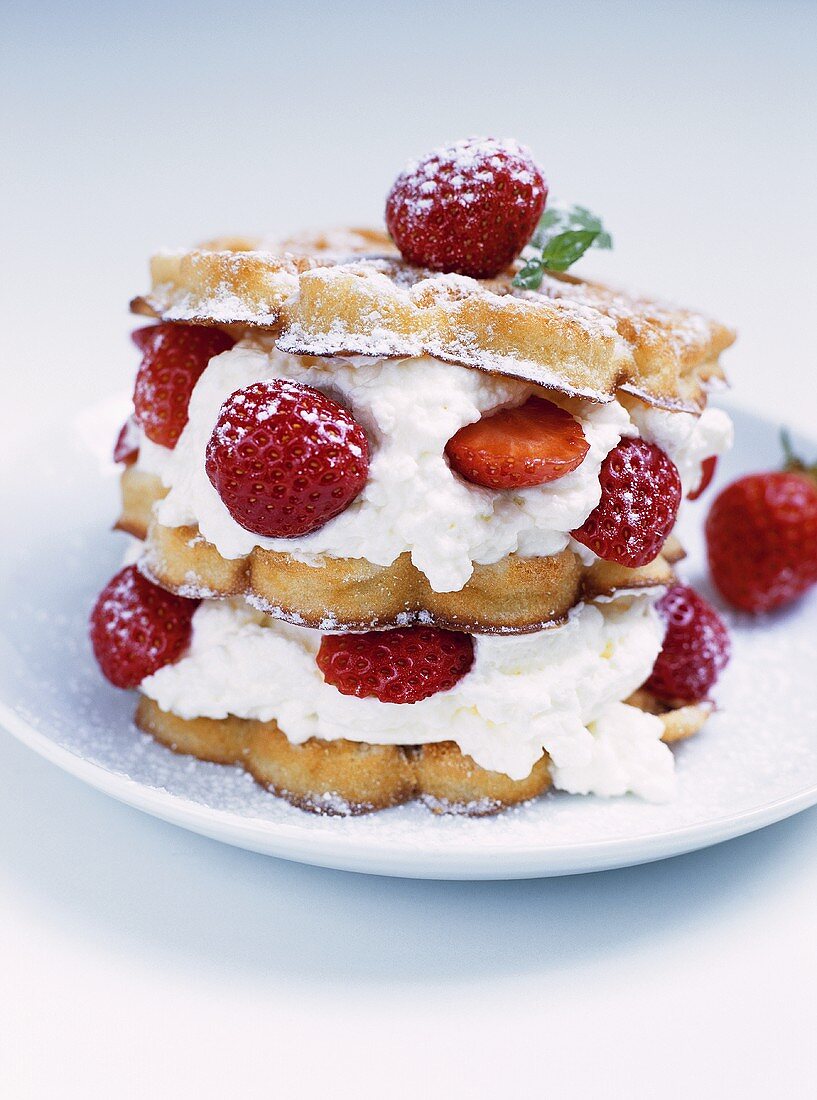 Waffle cake with strawberries and cream