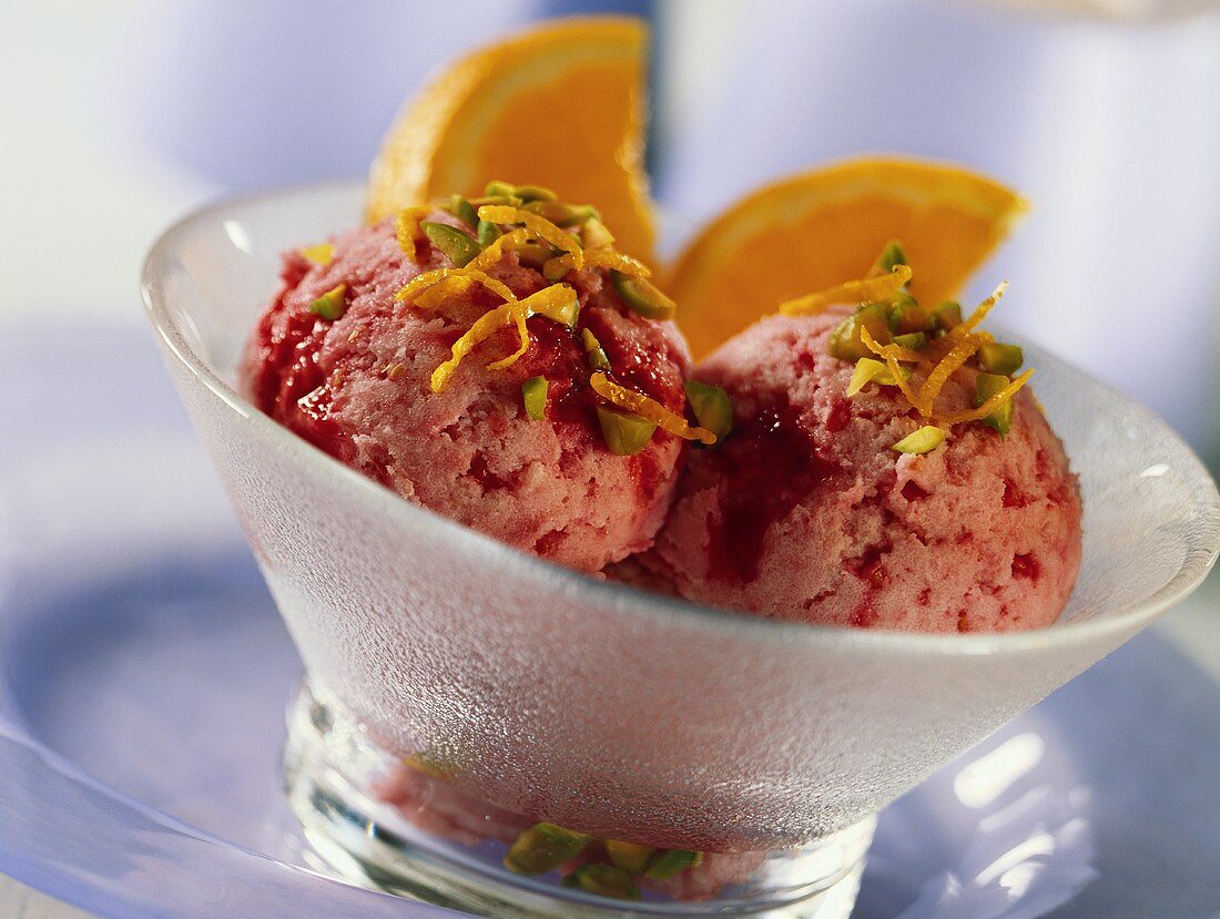 Raspberry yoghurt sorbet with pistachios