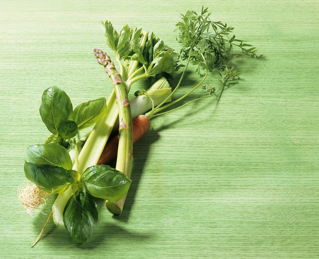 Still life with vegetables and basil