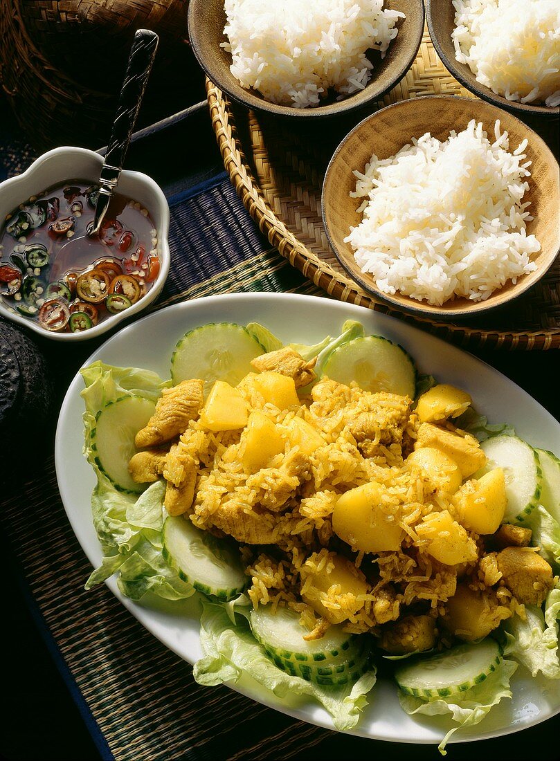 Rice with yellow curry powder and fragrant rice