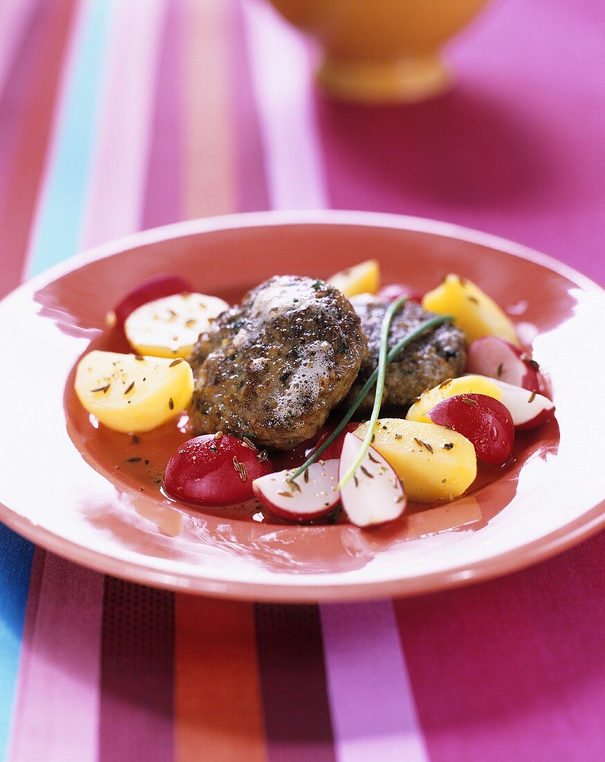 Herb rissoles with radishes and potatoes
