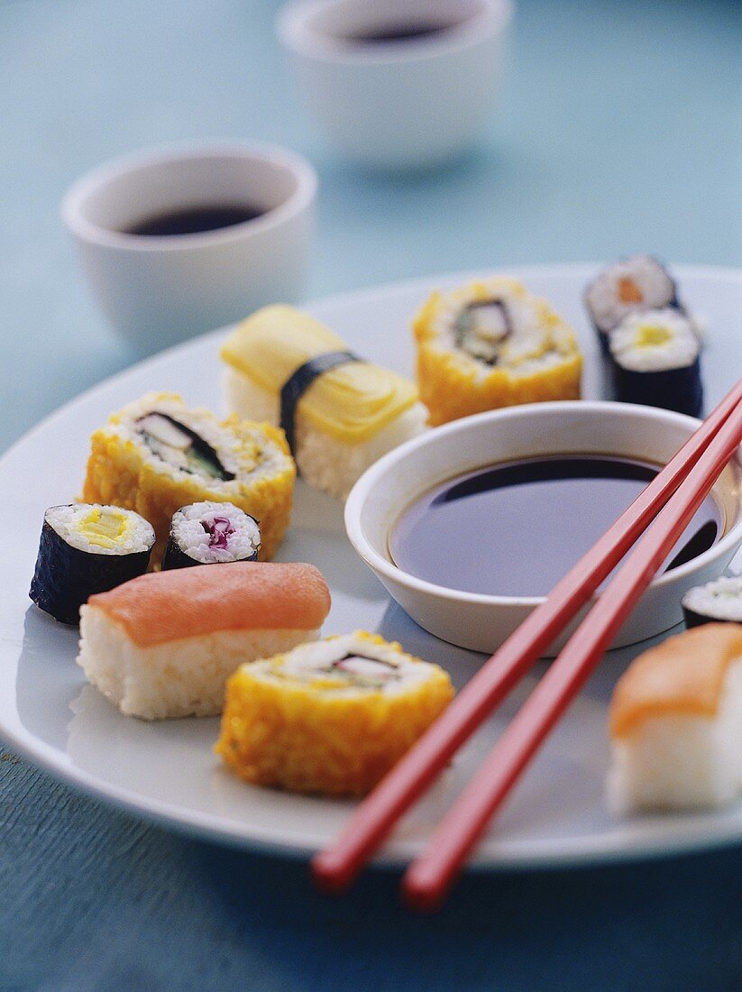 Sushi platter with soy sauce