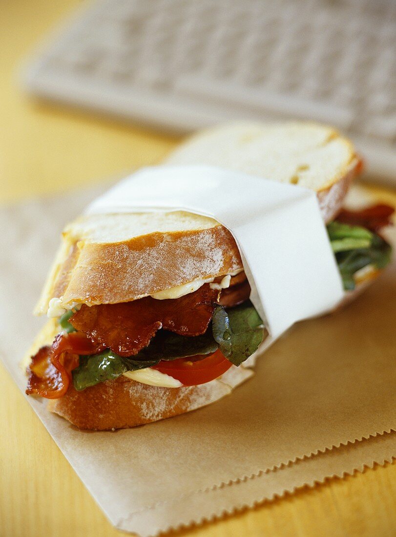 Fried bacon, tomato and mozzarella in a sandwich