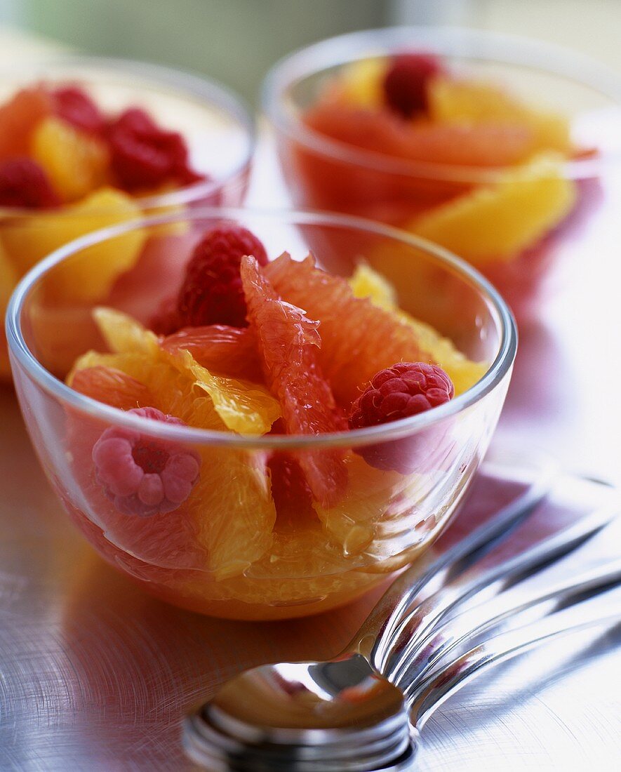 Grapefruit and orange salad with raspberries