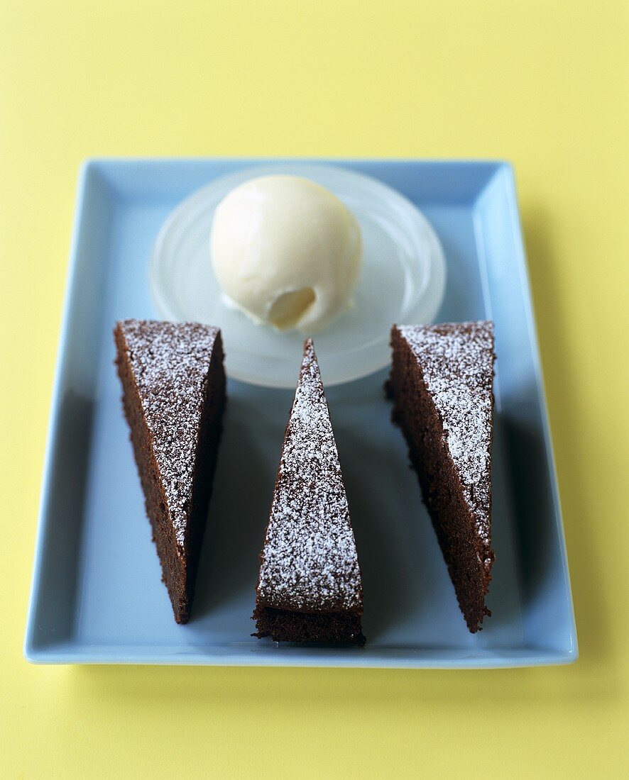 Chocolate cake with scoop of ice cream on tray