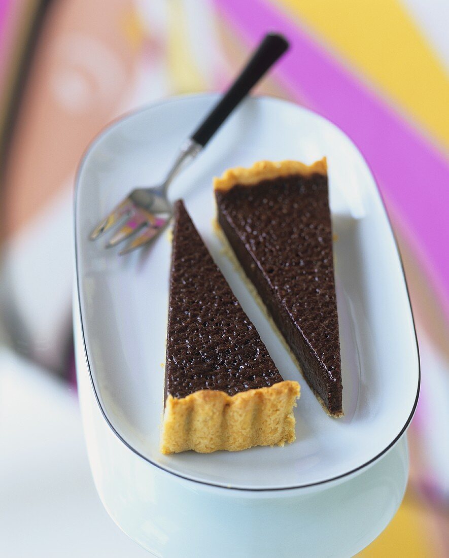 Two pieces of chocolate tart