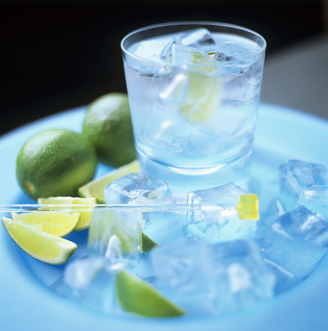 Gin and tonic with lime and ice cubes