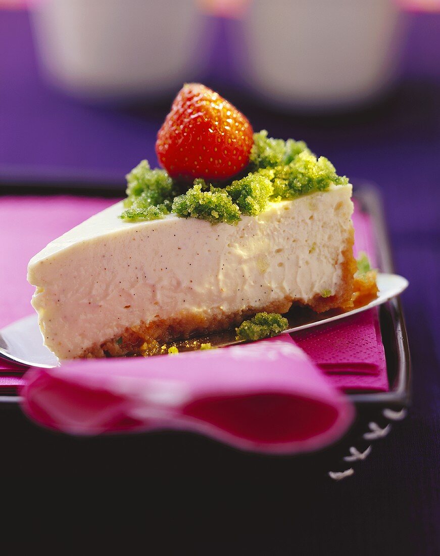 A piece of New York cheesecake with strawberry and basil sugar