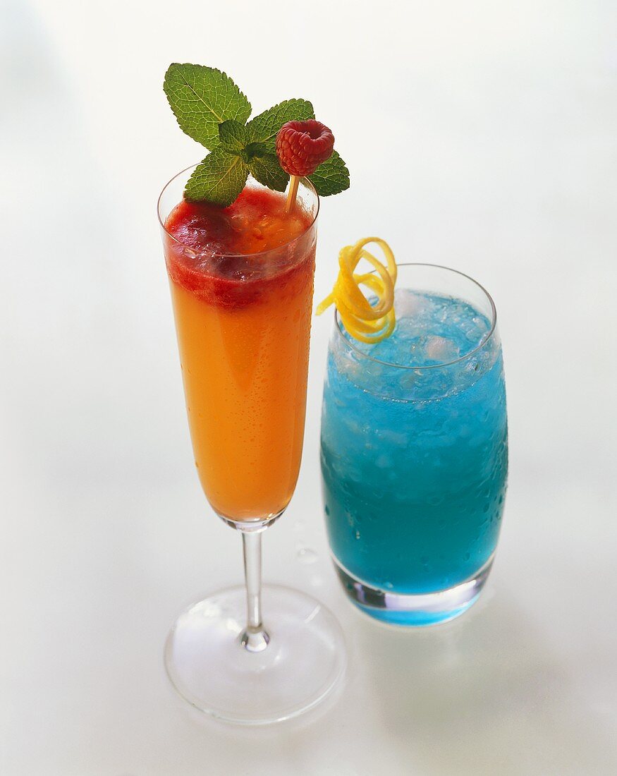 Two cocktails: Rosebud and Blue Crystal