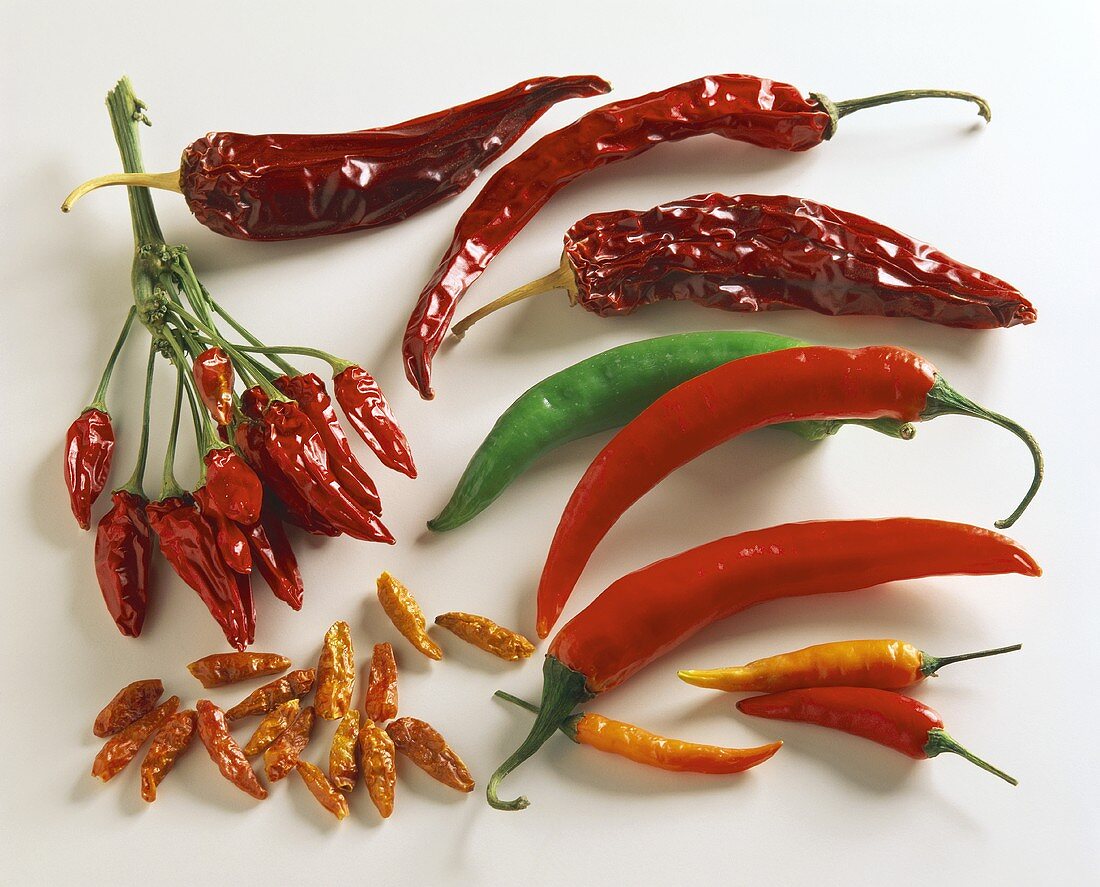Fresh and dried chili peppers