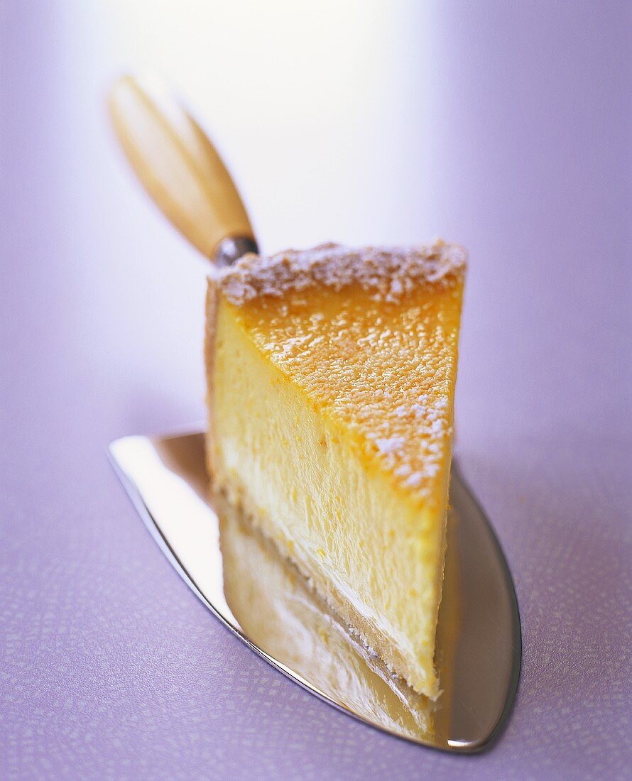 A piece of cheesecake on purple background