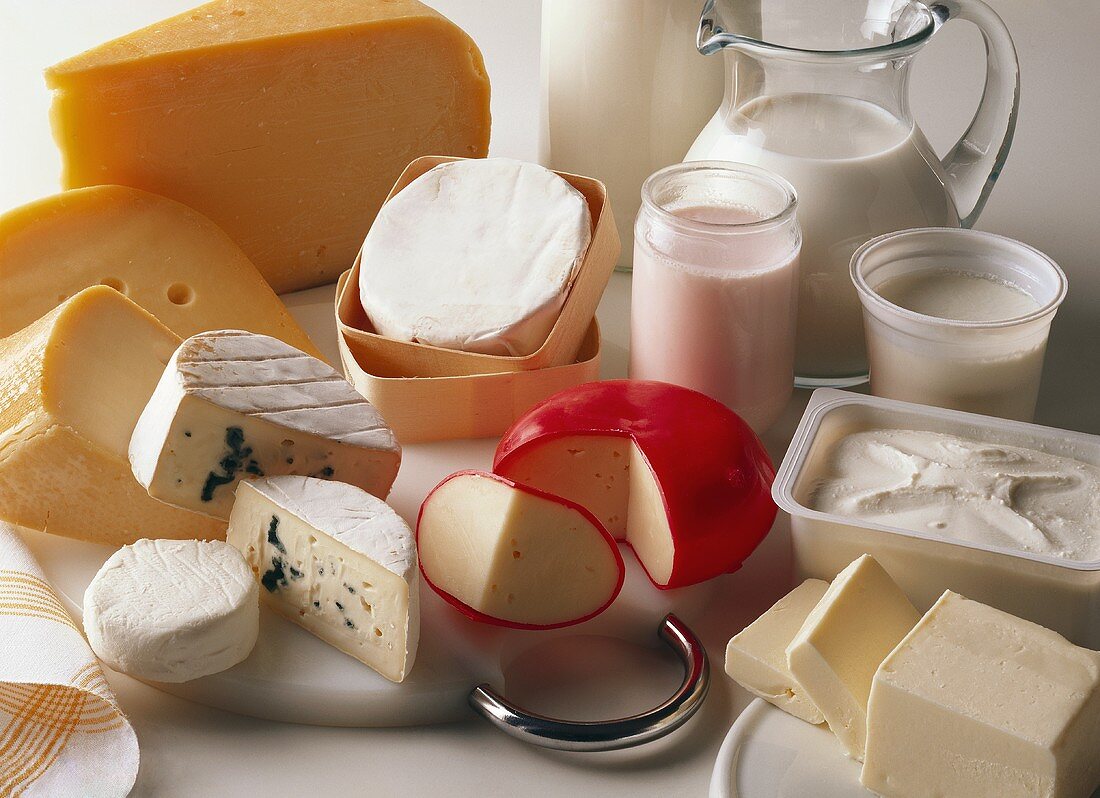 Still life with milk and dairy products