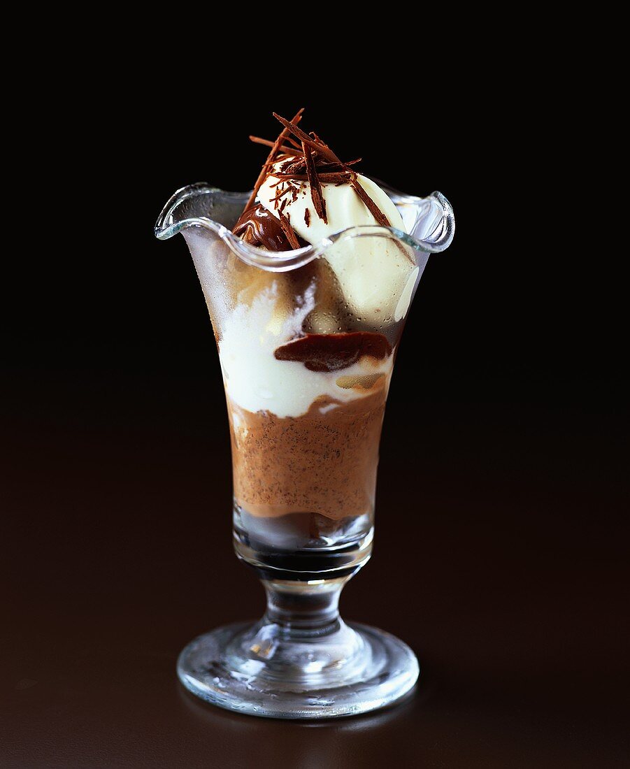 Chocolate ice cream sundae in sundae glass