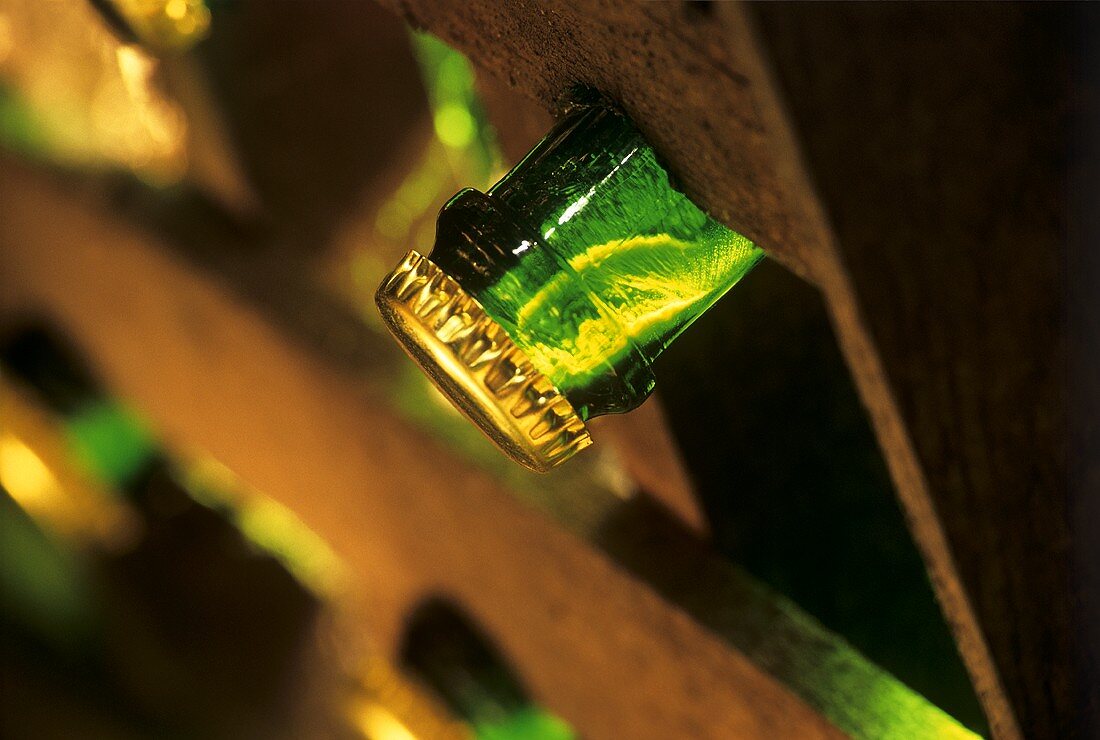 Champagne bottle with crown cap in pupitre (fermentation process)