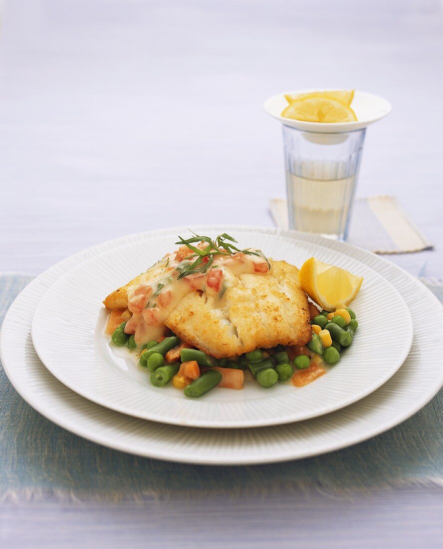 Breaded fish fillet on young vegetables