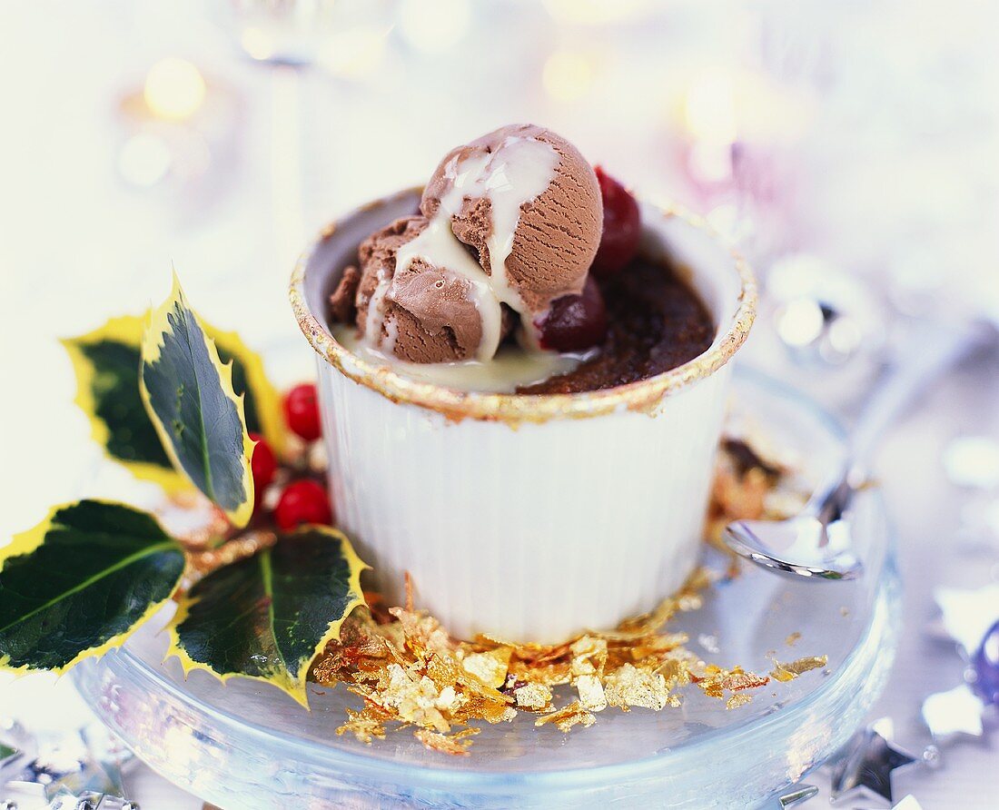 Christmas pudding with chocolate ice cream