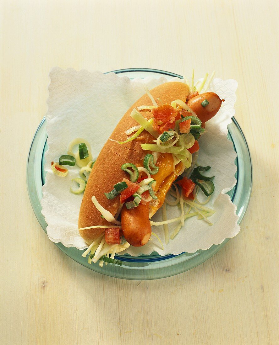 Hot dog, garnished with vegetables