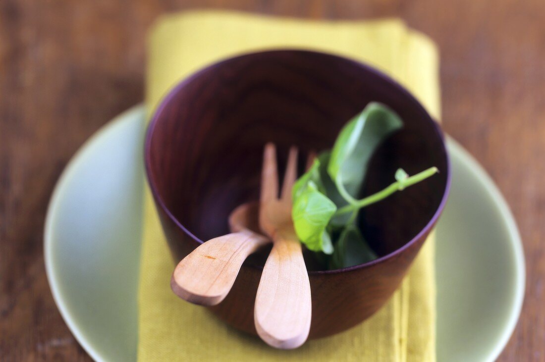 Schale mit Salatbesteck und Basilikum