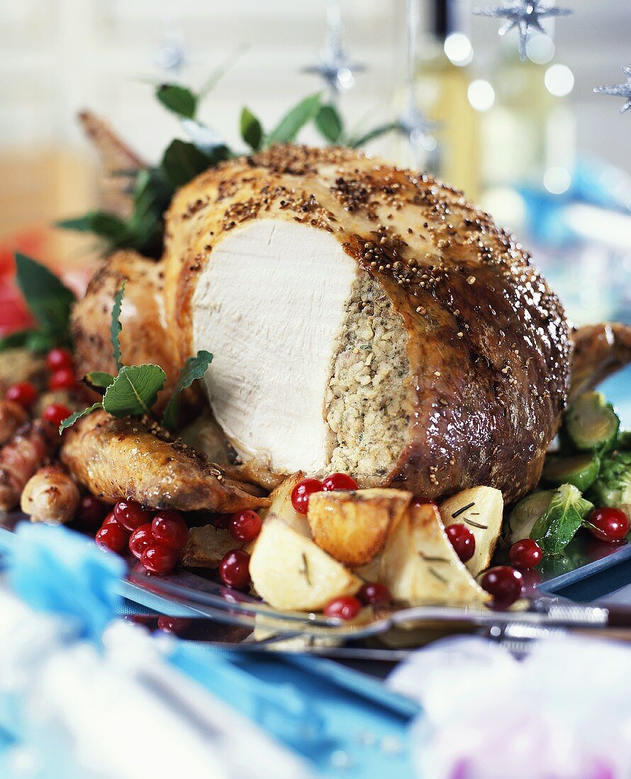 Turkey breast with nut stuffing and accompaniments