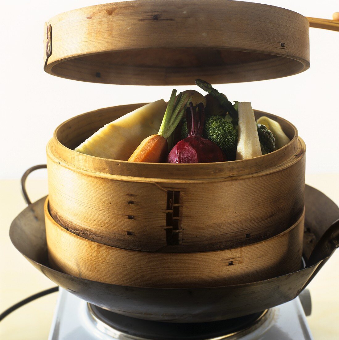 Vegetables in steaming basket